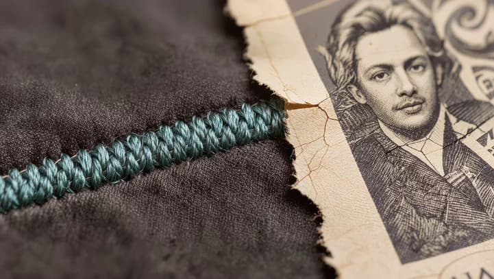 Extreme close-up where raised embroidery thread meets the cracked, lifting edge of a printed transfer