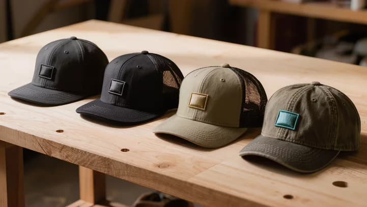 Four cap shapes lined up on a workshop bench — structured, snapback, trucker and dad cap — each with a stitched mark on the    front panel