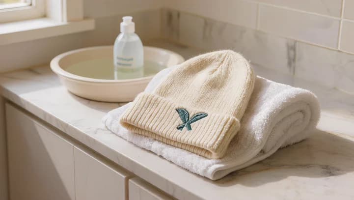 An embroidered cap drying on a folded towel beside a knitted beanie laid flat, by a bright window