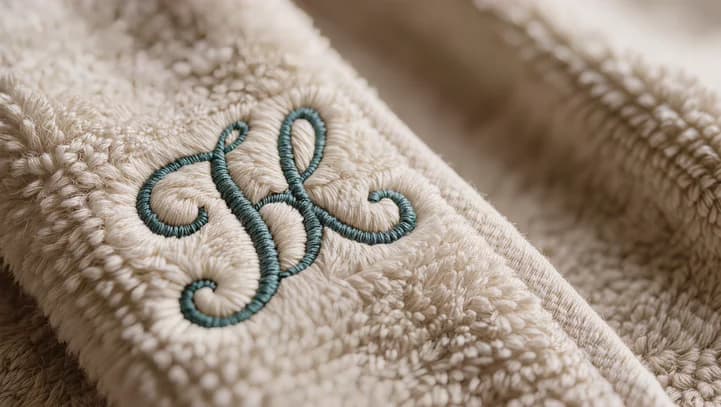 Close detail of an interlocking script monogram stitched into the cuff of a folded towel