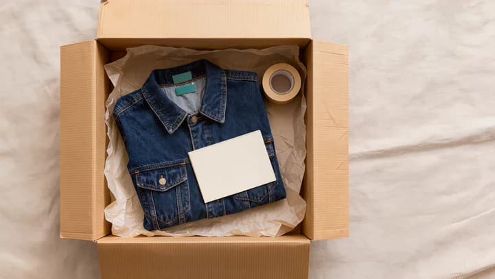 A worn denim jacket folded into an open kraft mailer with tissue and a printed note, seen from above